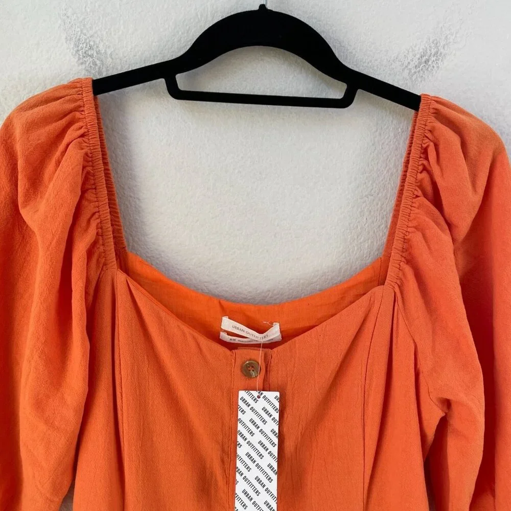 NEW $79 Urban Outfitters Womens Medium Orange Puff Sleeve Button‎ Up Midi Dress